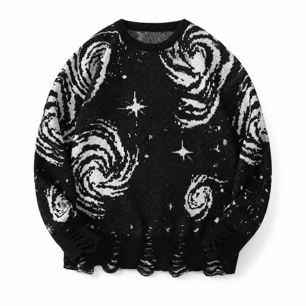 Close-up of Orbit Noir celestial knit pattern, ladder holes and frayed edge