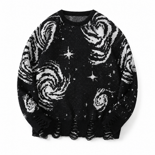 Close-up of Orbit Noir celestial knit pattern, ladder holes and frayed edge