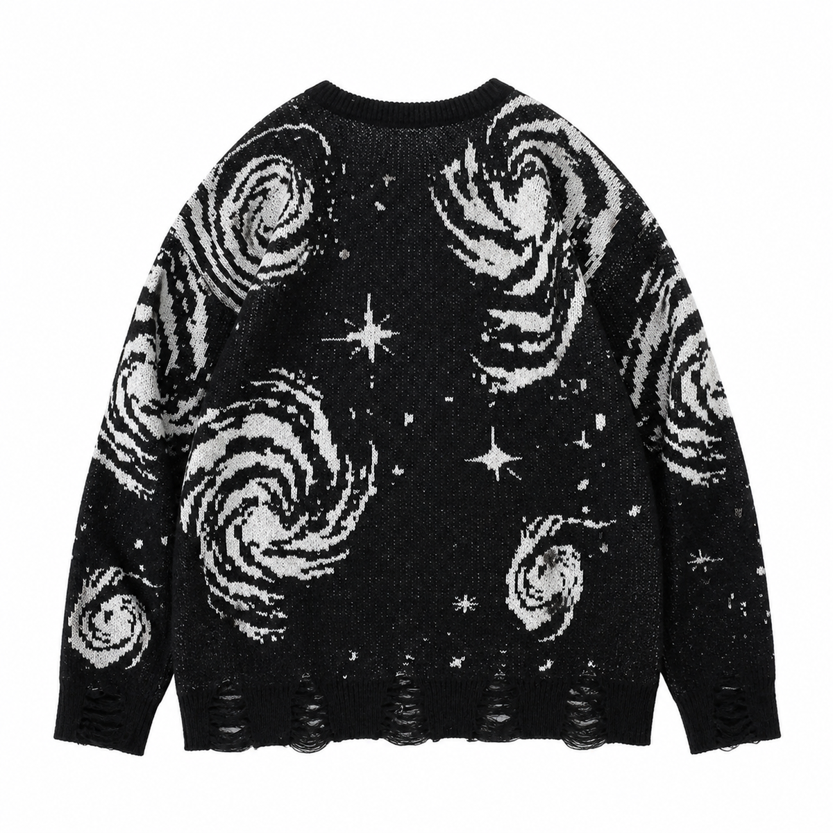 Back view of Orbit Noir black distressed celestial knit