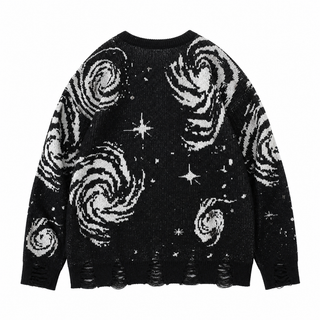 Back view of Orbit Noir black distressed celestial knit