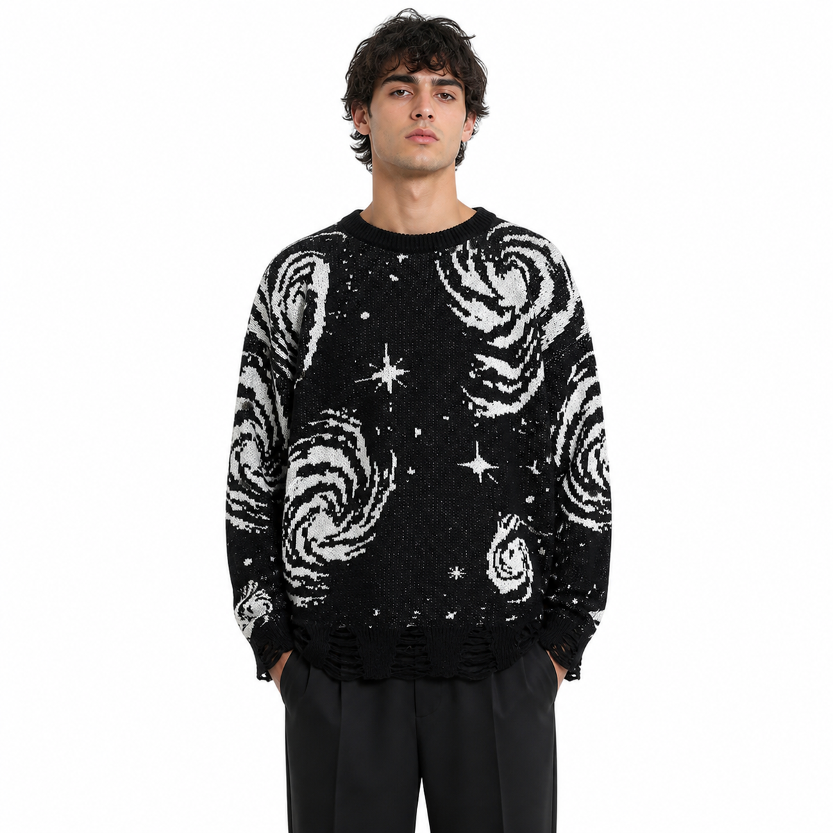 Model wearing the Orbit Noir black distressed knit