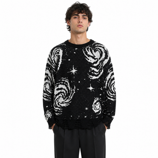 Model wearing the Orbit Noir black distressed knit