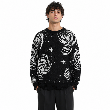 Model wearing the Orbit Noir black distressed knit