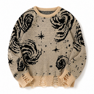 Close-up of Orbit Sand celestial knit pattern, ladder holes and frayed edge