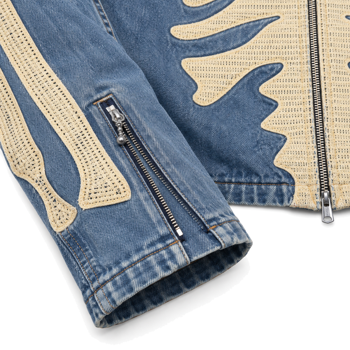 Ossuary Bone-Embroidered Denim Jacket — detail studio view