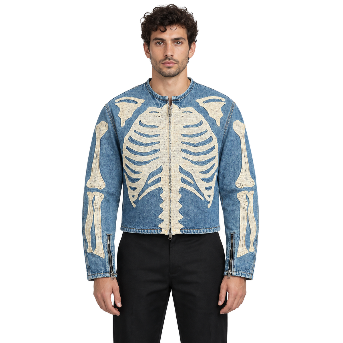 Ossuary Bone-Embroidered Denim Jacket — model studio view