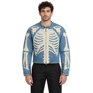 Ossuary Bone-Embroidered Denim Jacket — model studio view