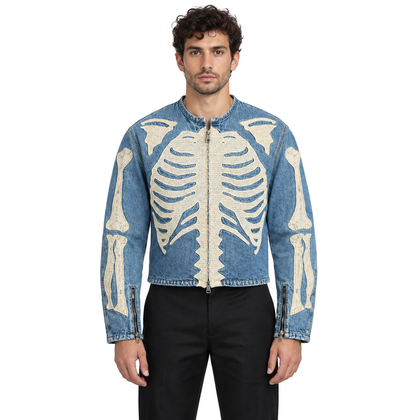 Ossuary Bone-Embroidered Denim Jacket — model studio view