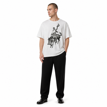 Model wearing the Outrider Western Graphic T-Shirt on white