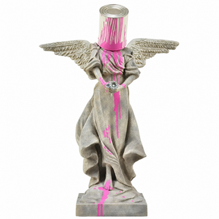 Close-up of the Paintfall Seraph winged figure, paint can and neon-pink spill
