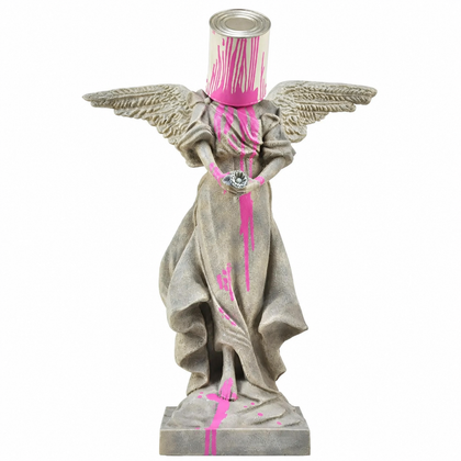 Close-up of the Paintfall Seraph winged figure, paint can and neon-pink spill