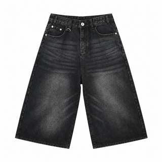 Patina Wide-Leg Denim Shorts in Black-grey, front view