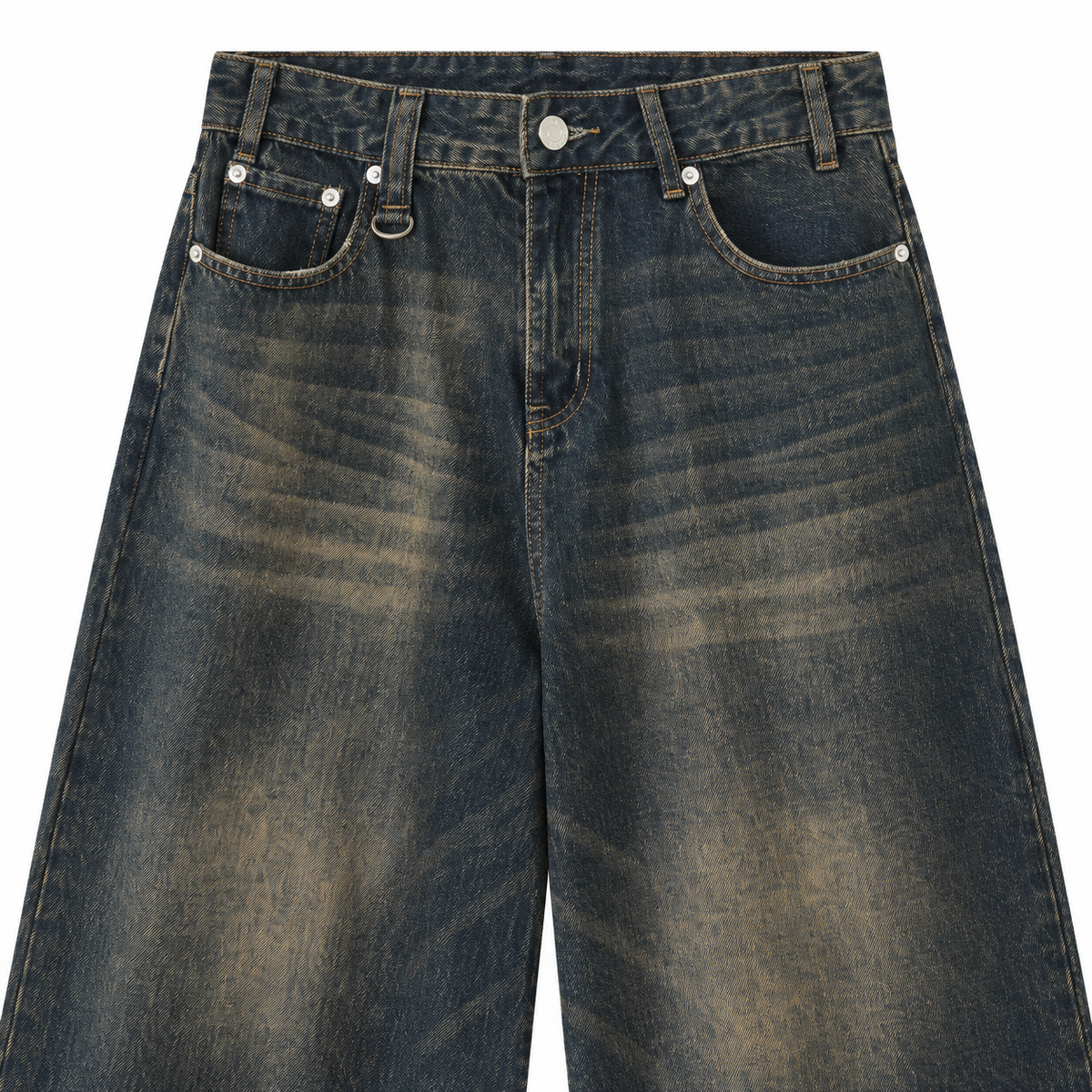 Patina Wide-Leg Denim Shorts in Old Blue, detail close-up