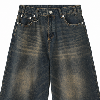 Patina Wide-Leg Denim Shorts in Old Blue, detail close-up