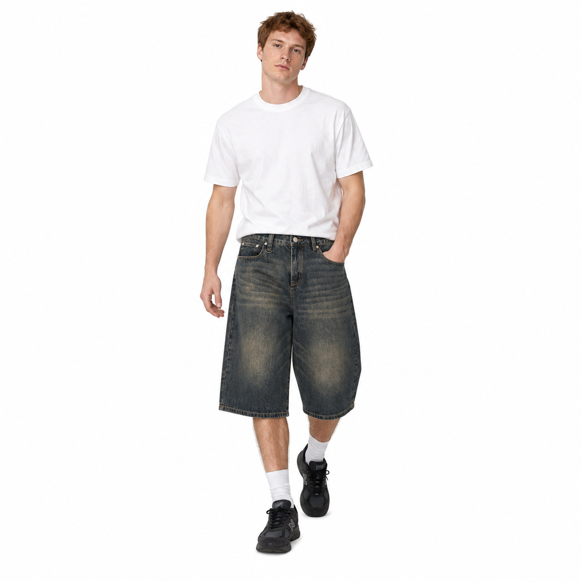 Patina Wide-Leg Denim Shorts in Old Blue, full-body model view