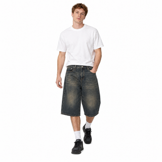 Patina Wide-Leg Denim Shorts in Old Blue, full-body model view