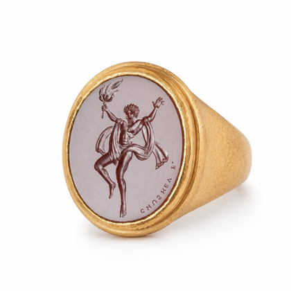 Prometheus antique gold signet ring front view on white