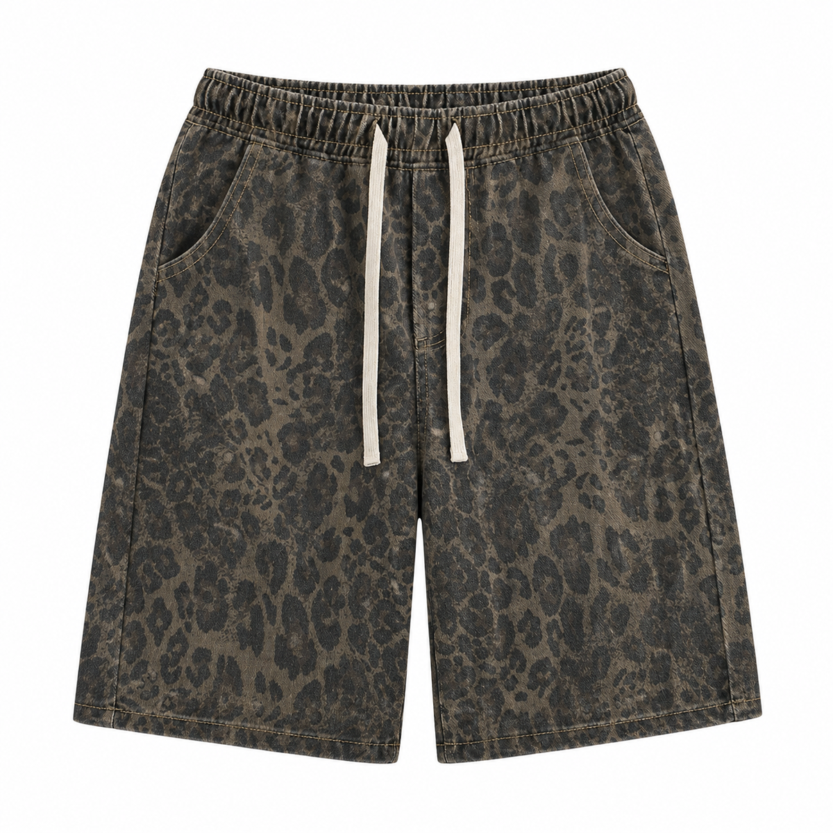 Prowler brown-olive leopard-print shorts with drawstring waist, front view