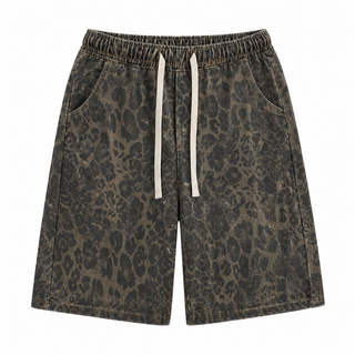 Prowler brown-olive leopard-print shorts with drawstring waist, front view