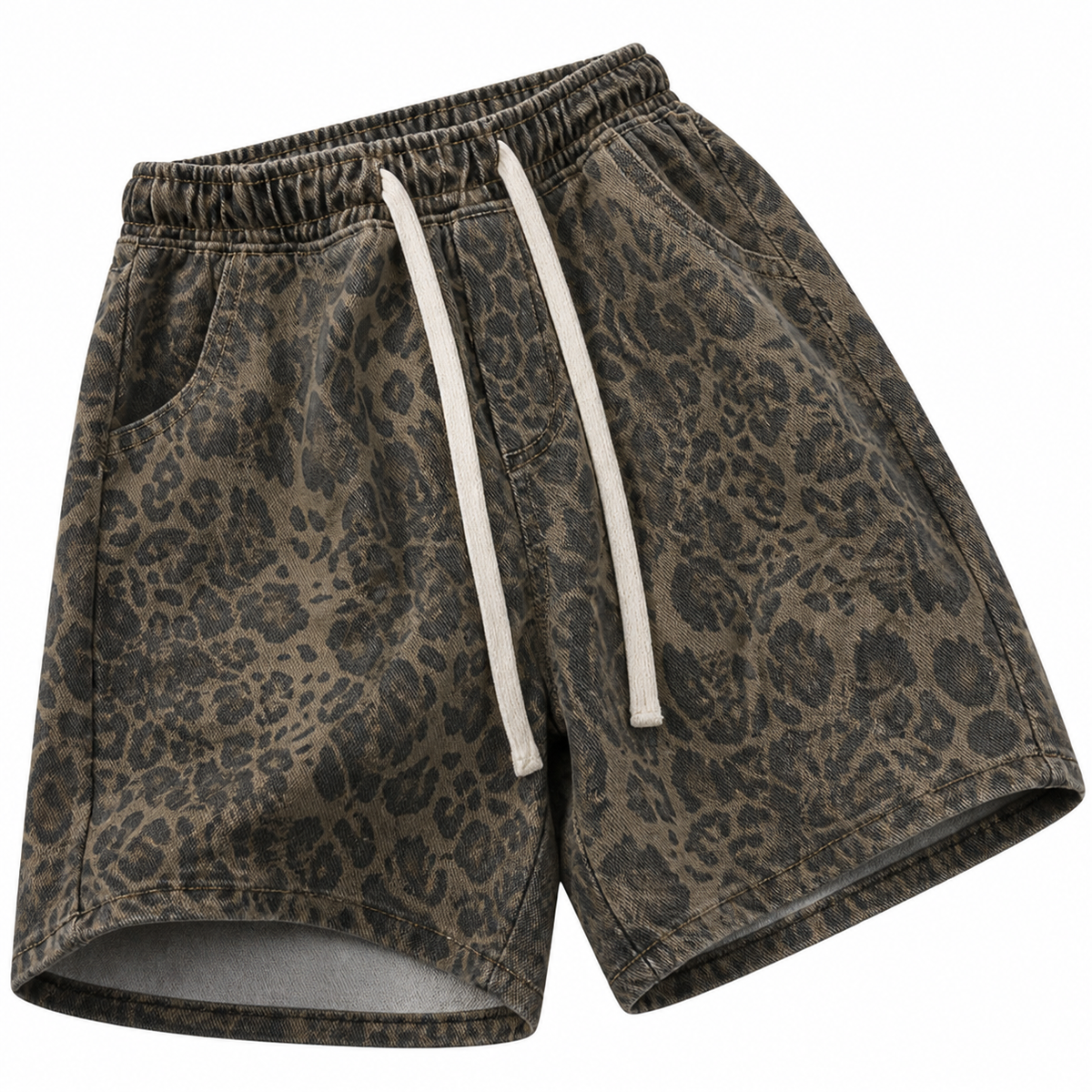 Close-up of Prowler shorts leopard print, gathered waist and off-white drawstrings