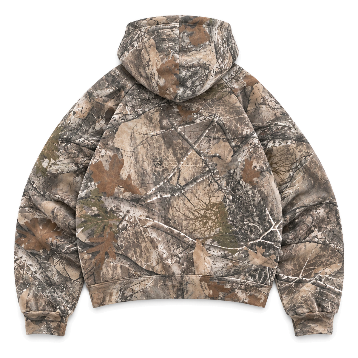 Underbrush Camo Pullover Hoodie in woodland camo, back view on white