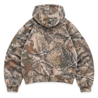 Underbrush Camo Pullover Hoodie in woodland camo, back view on white