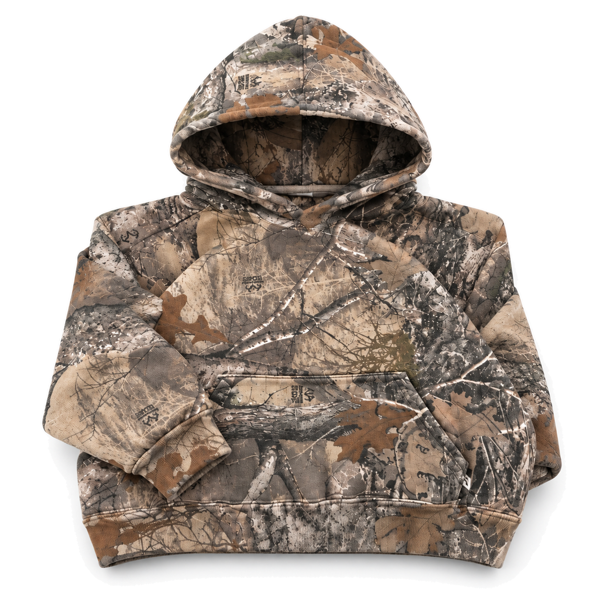 Underbrush Camo Pullover Hoodie in woodland camo, fabric and construction detail on white