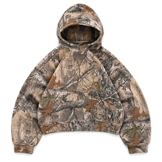 Underbrush Camo Pullover Hoodie in woodland camo, front view on white