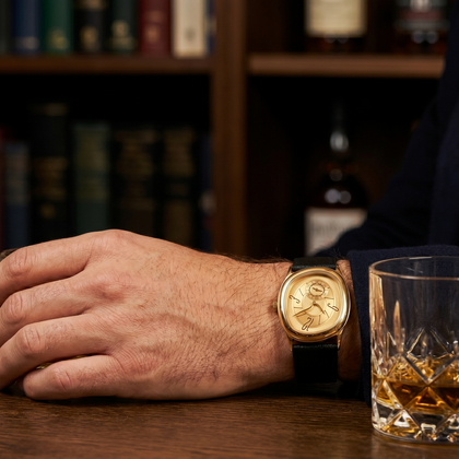 Reverie Gold watch worn on a wrist beside a glass with an amber drink