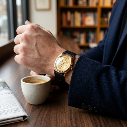 Reverie Gold watch worn on a wrist beside a cup and folded newspaper