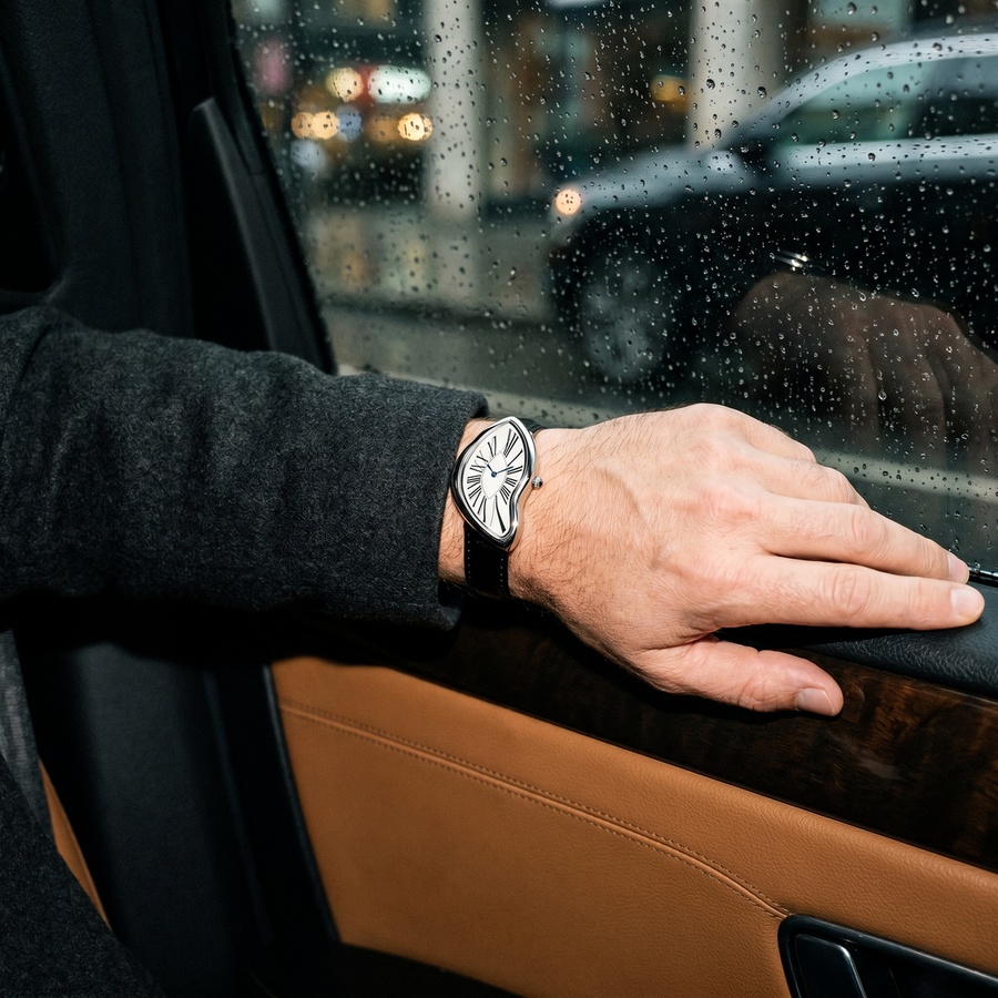 Melting Watch Silver by Ombré Noir worn by car window
