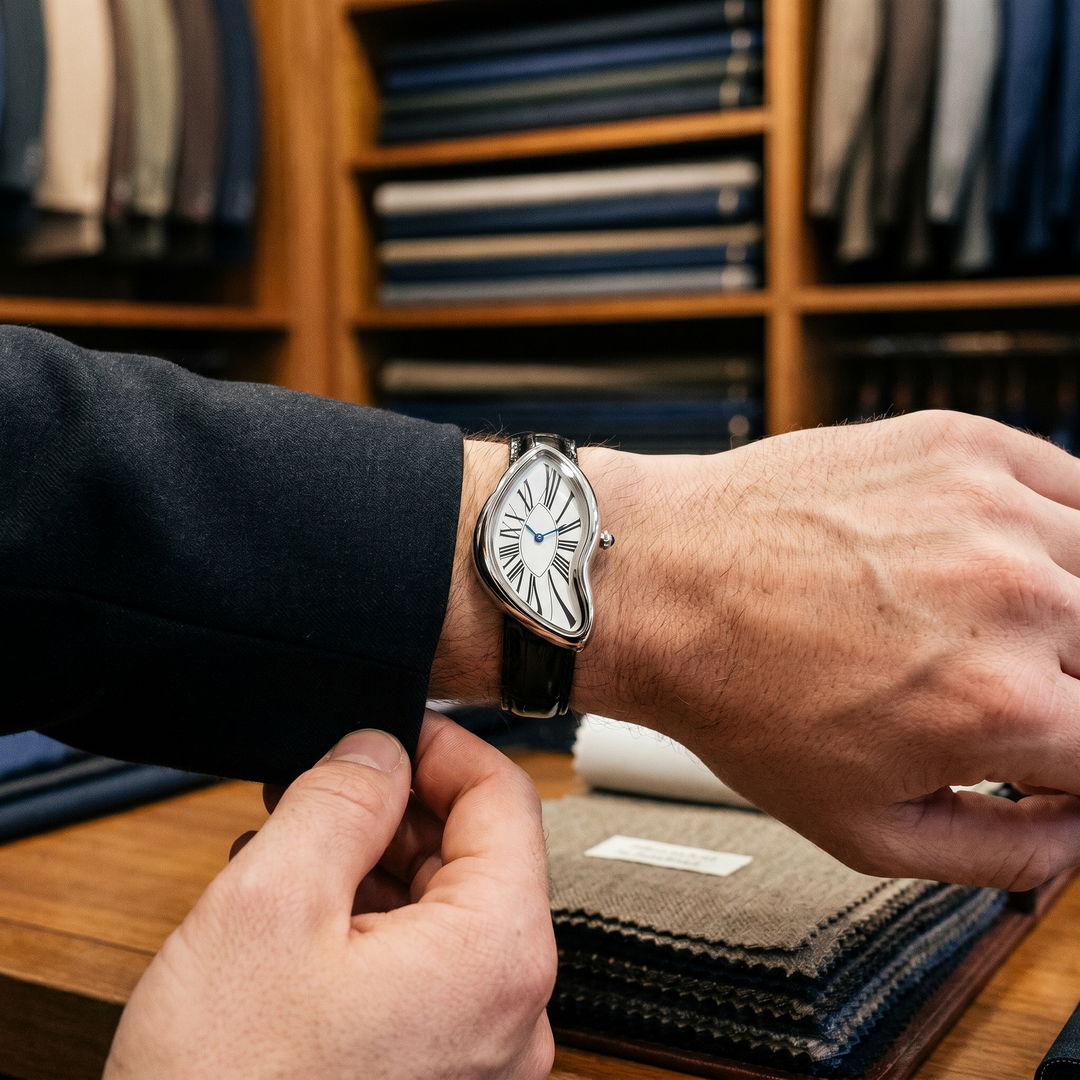 Melting Watch Silver by Ombré Noir worn with suit cuff