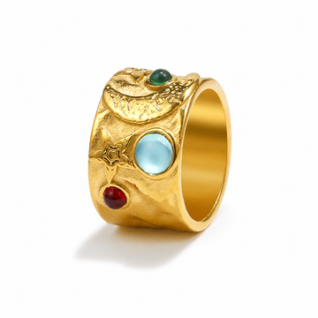 Gold Relic Mosaic 18K gold-plated ring with celestial relief and blue-green stones