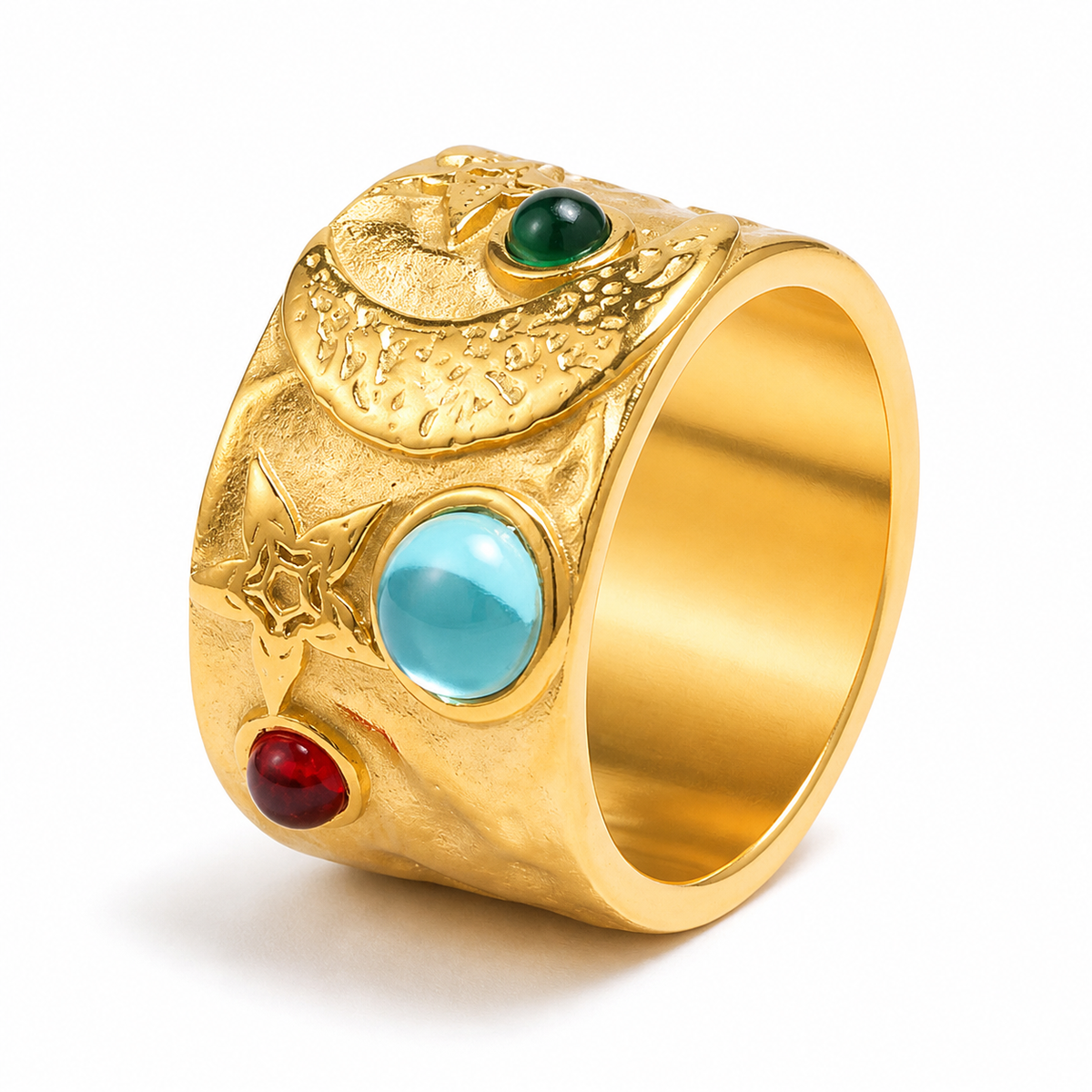Close-up of Gold Relic Mosaic Ring celestial relief and stone inlay