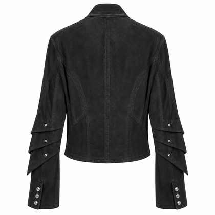 Back view of the Riven Noir black jacket with layered pleated panels