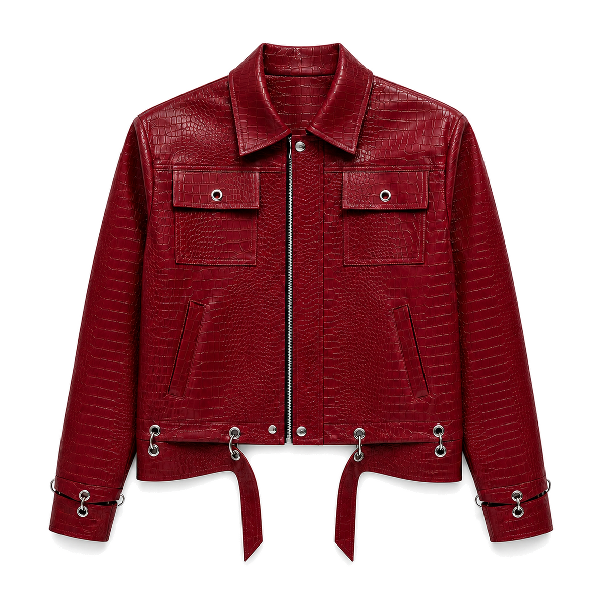Rivet Crimson Jacket, front studio view on white
