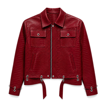 Rivet Crimson Jacket, front studio view on white