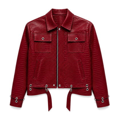 Rivet Crimson Jacket, front studio view on white