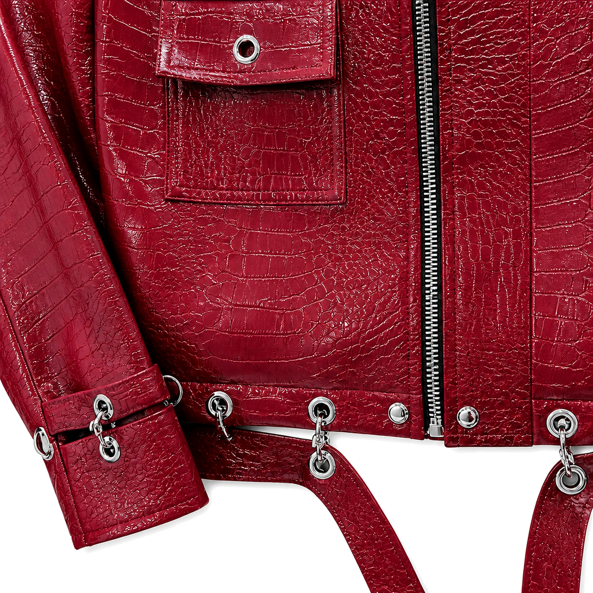 Rivet Crimson Jacket silver hardware and crocodile texture detail