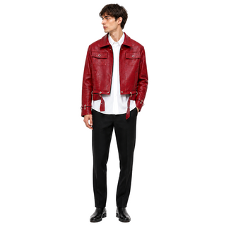 Model wearing the Rivet Crimson Jacket on a pure white studio background