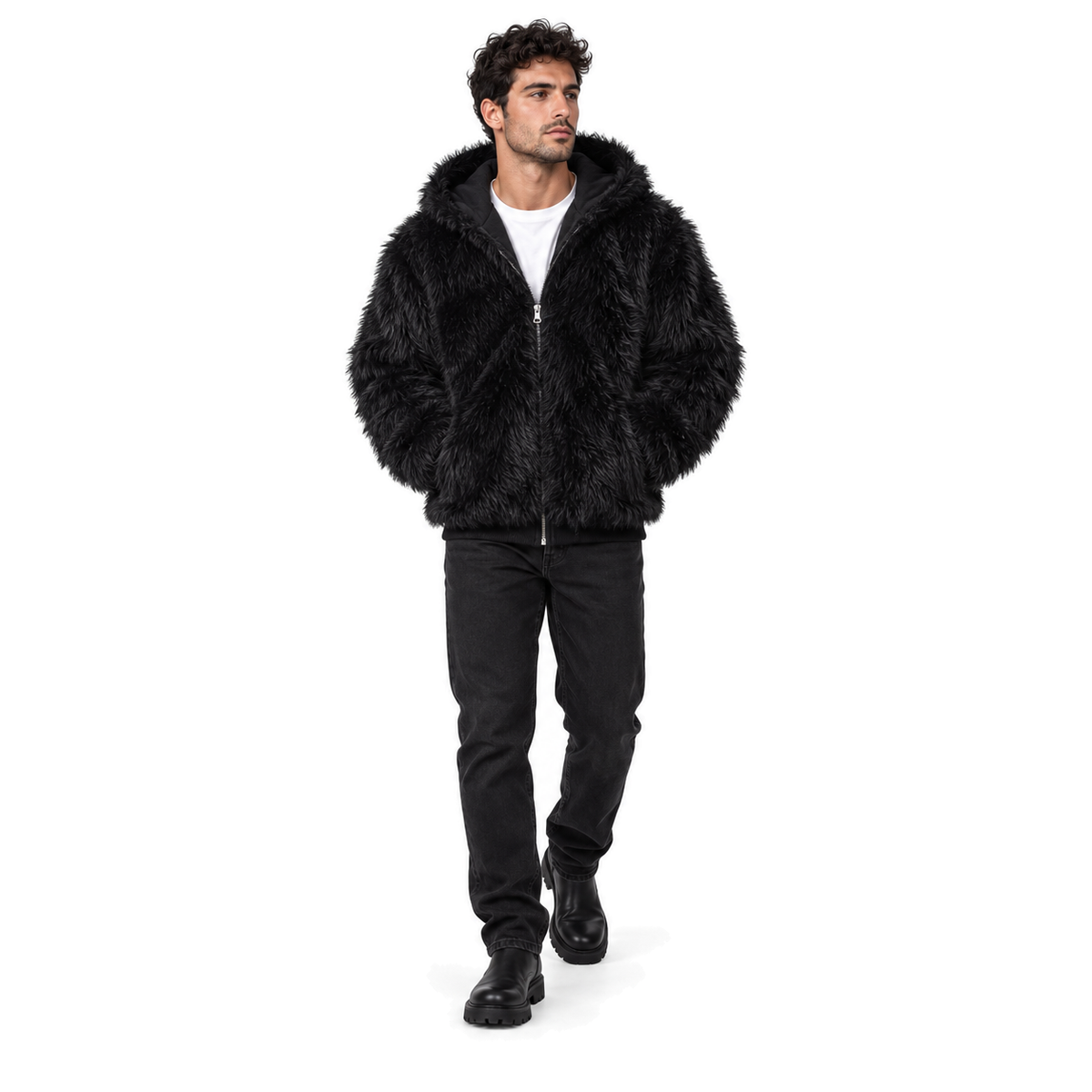 Sable Reversible Faux-Fur Jacket — black full-body model view