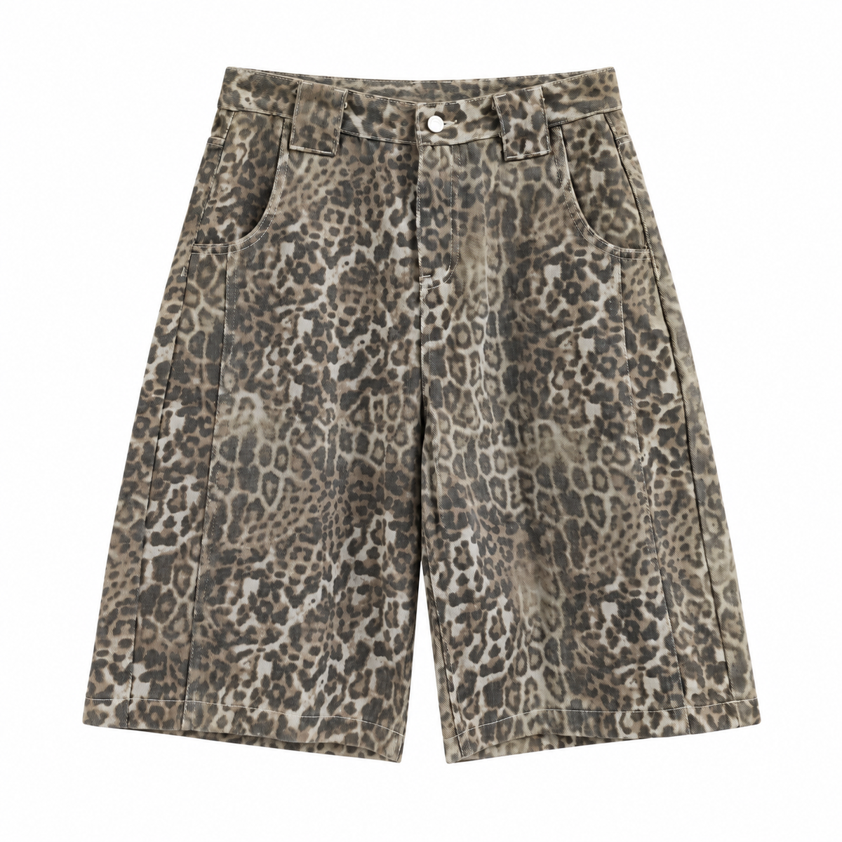 Savanna Leopard Denim Shorts in Khaki, front view