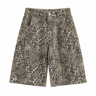 Savanna Leopard Denim Shorts in Khaki, front view