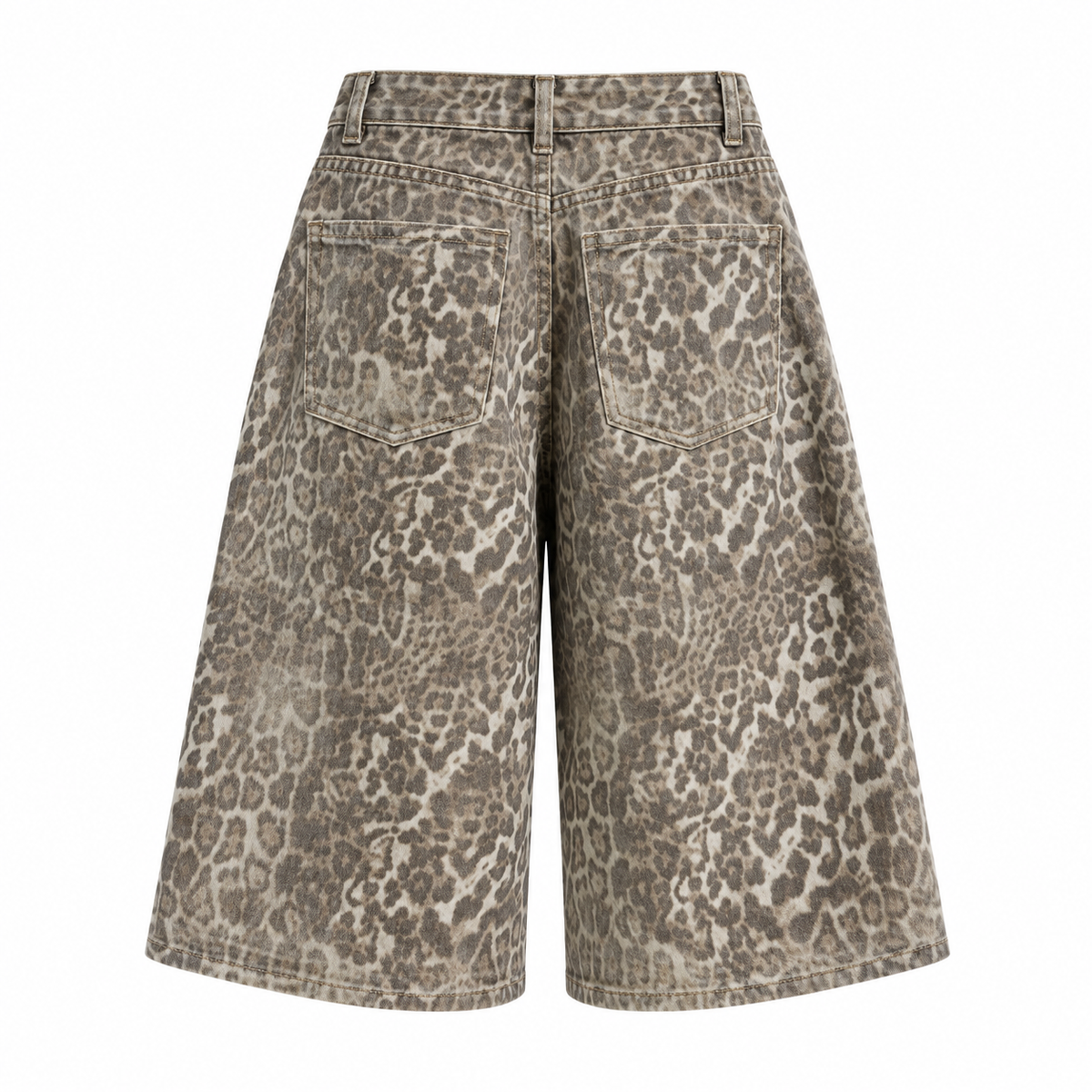 Savanna Leopard Denim Shorts in Khaki, back view