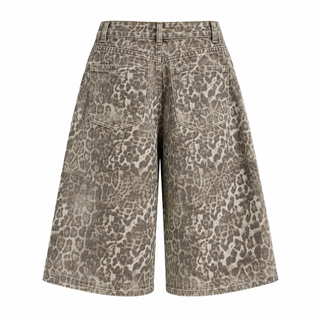 Savanna Leopard Denim Shorts in Khaki, back view