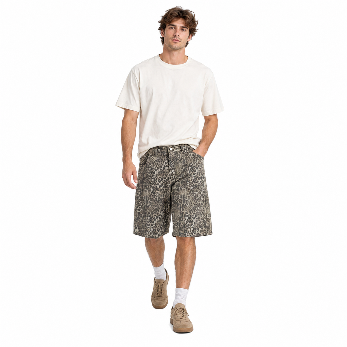 Savanna Leopard Denim Shorts in Khaki, full-body model view