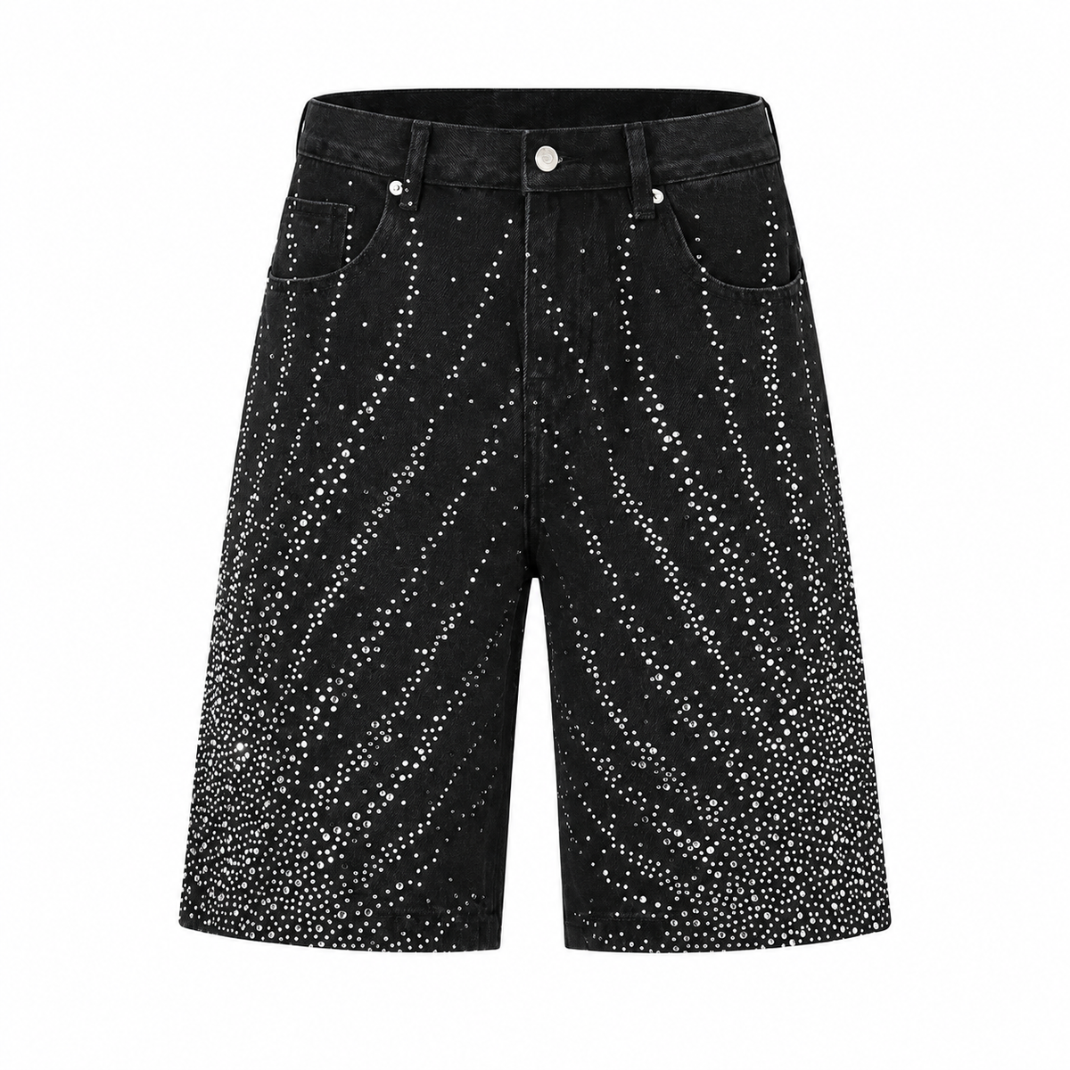 Scintilla Crystal Denim Shorts — Black, front view