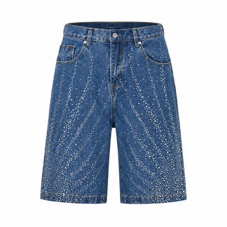 Scintilla Crystal Denim Shorts — Blue, front view