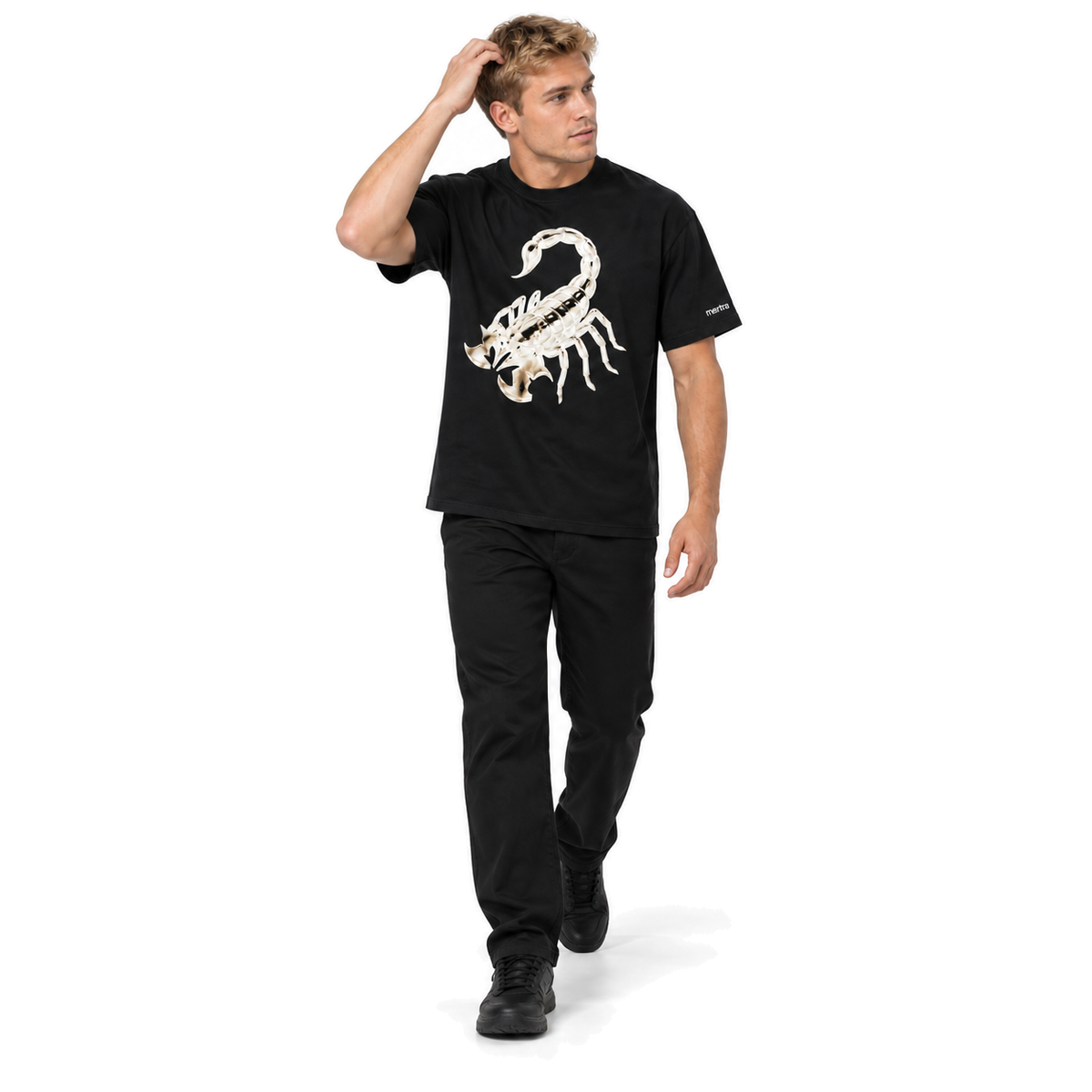 Scorpius Graphic Cotton T-Shirt in black, full-body model in a natural fashion pose on white