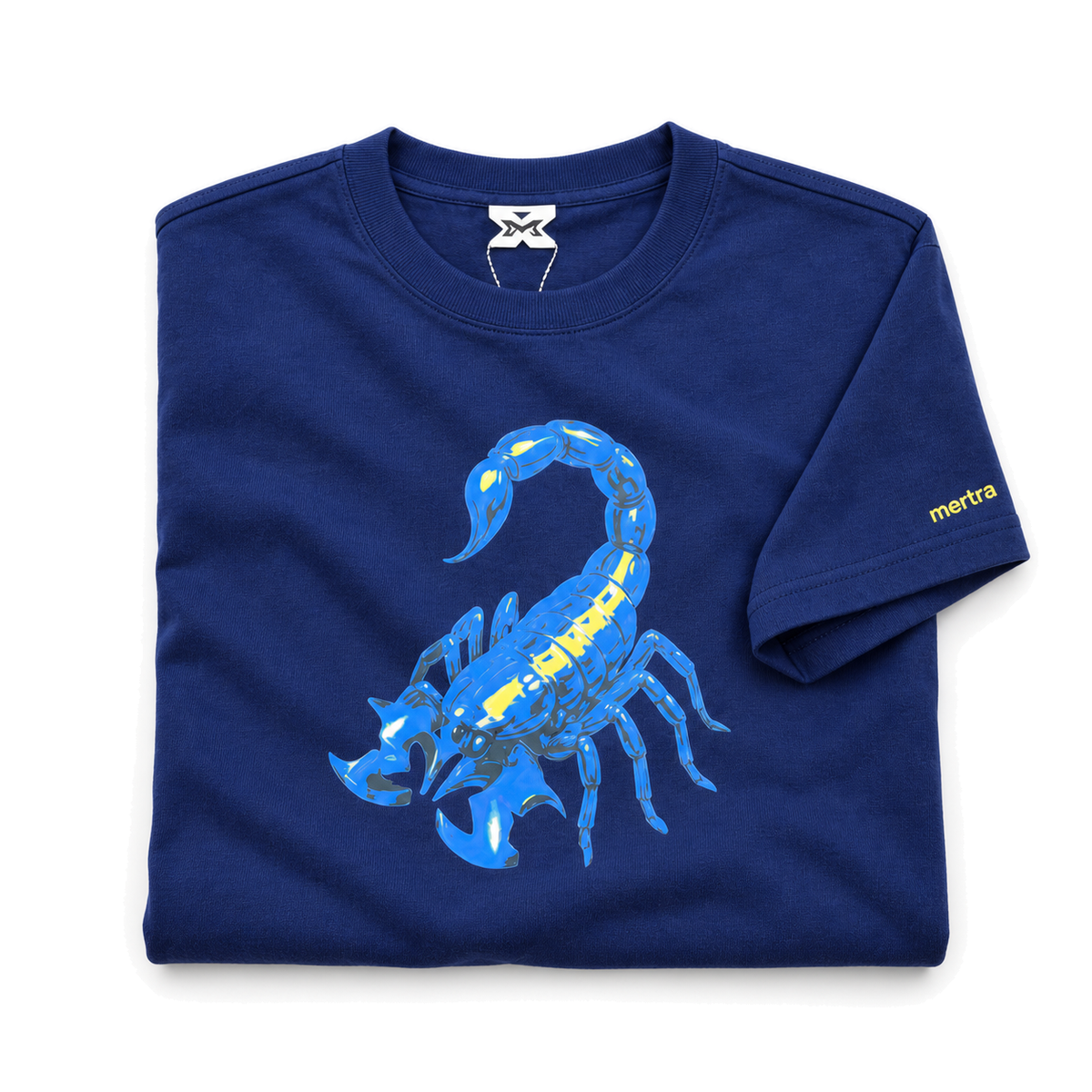 Scorpius Graphic Cotton T-Shirt in blue, fabric and construction detail on white